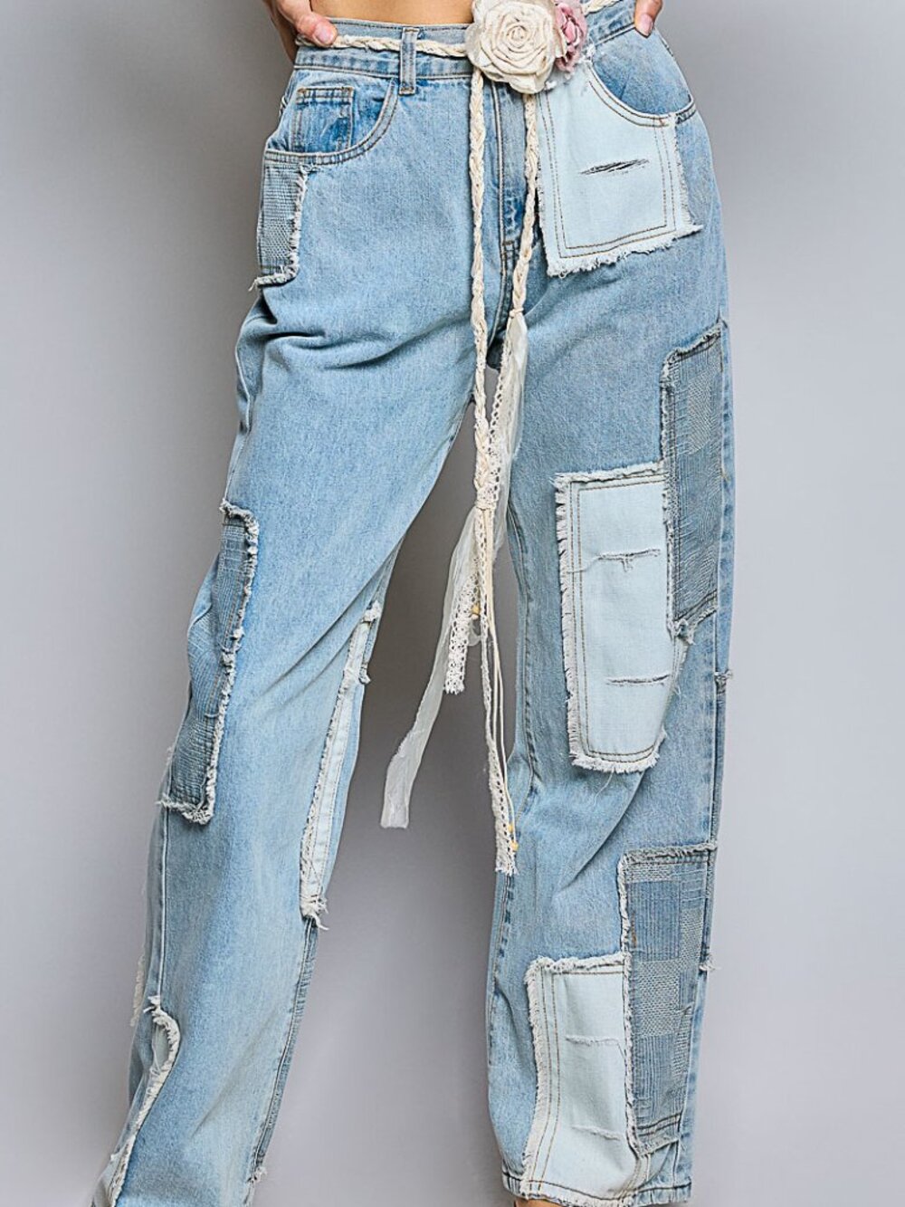 NEW POL DENIM-LIGHT WASH PATCHWORK DENIM